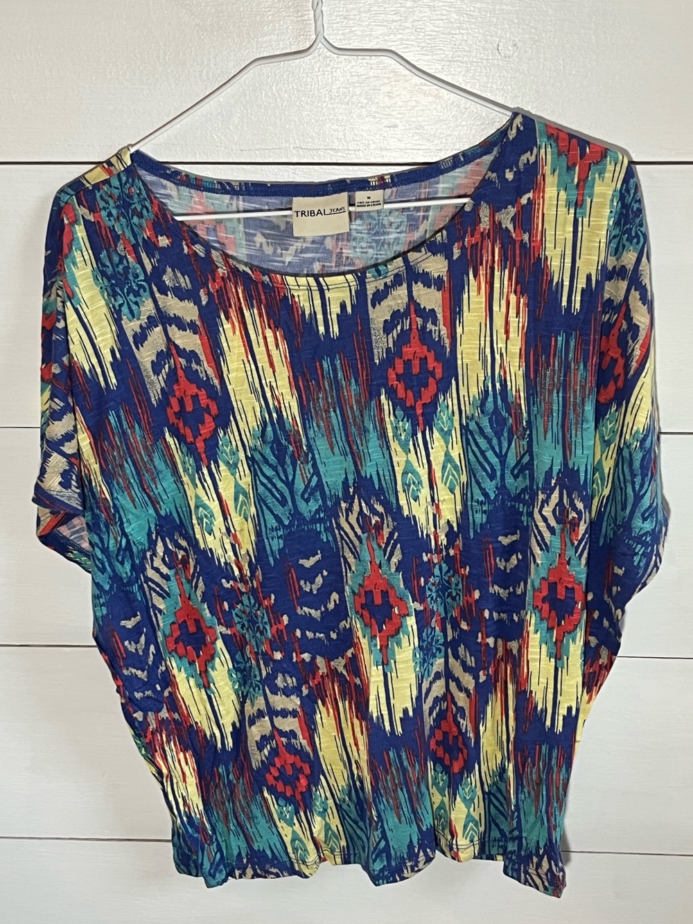 Tribal Multicolor Ikat Print Short Sleeve Top - Blue, Teal, Red, Yellow